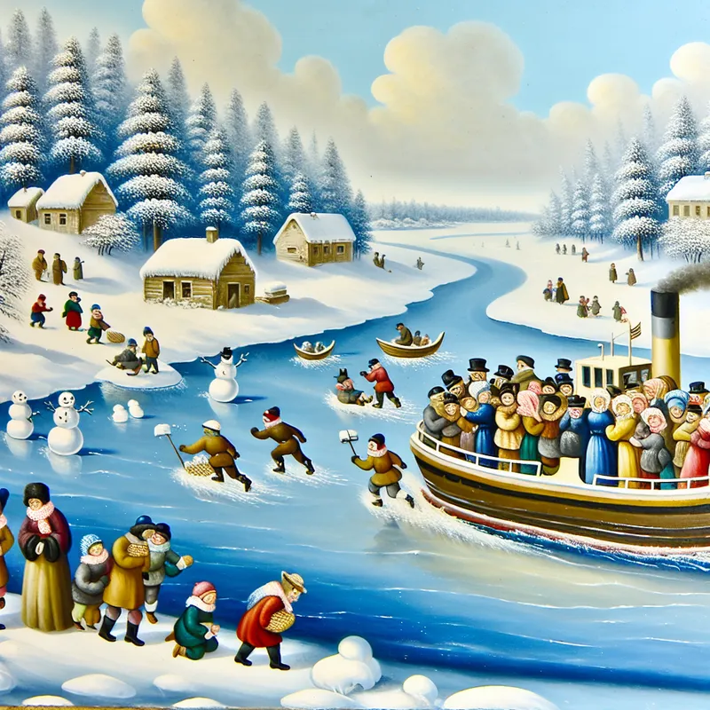 Een klein pontje met blije passagiers steekt een bevroren rivier over, omgeven door spelende kinderen en een pittoresk dorp.