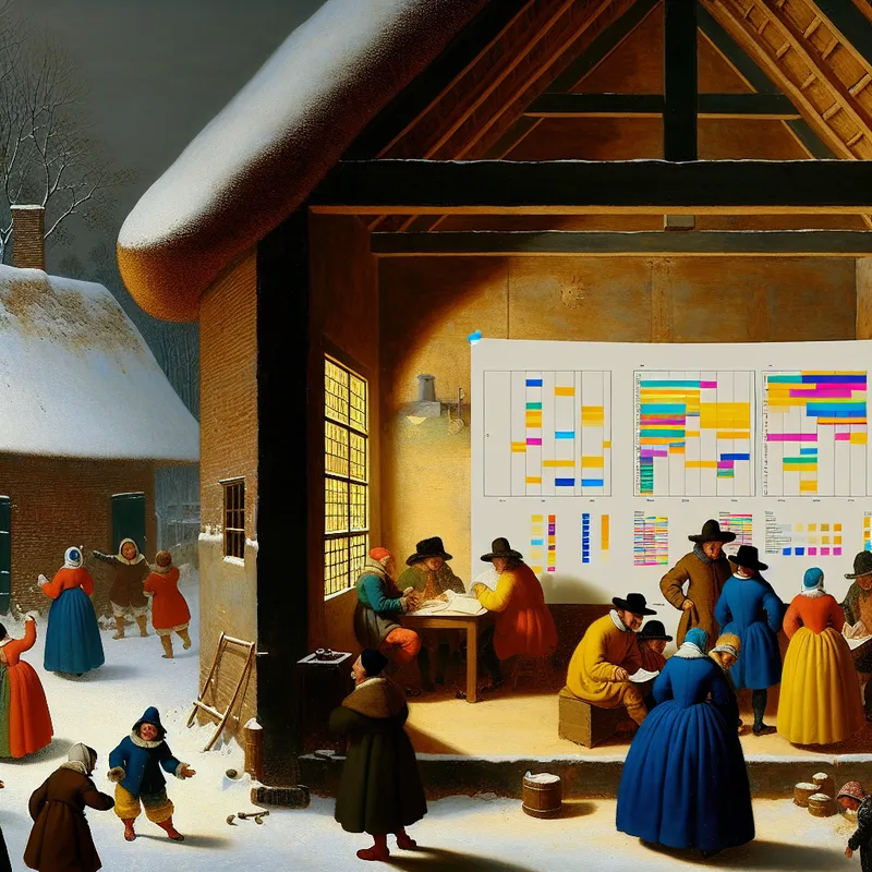 Een winterlandschap met mensen die een project evalueren en kinderen die buiten spelen in de sneeuw.