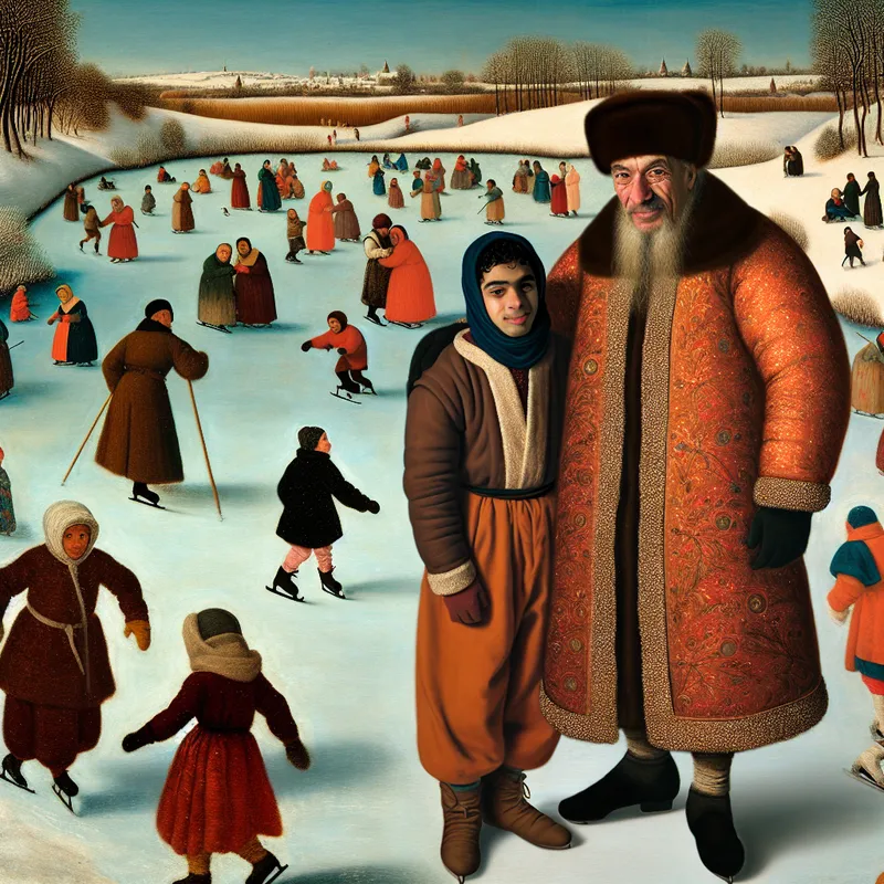 Jongere persoon staat respectvol naast een oudere man in traditionele winterkleding terwijl anderen spelen op de achtergrond.