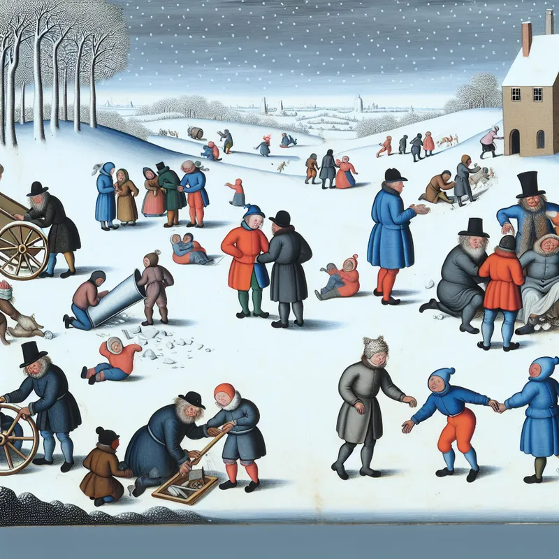 Een winterlandschap met mensen die werken aan een gebroken wagen terwijl kinderen spelen in de sneeuw.