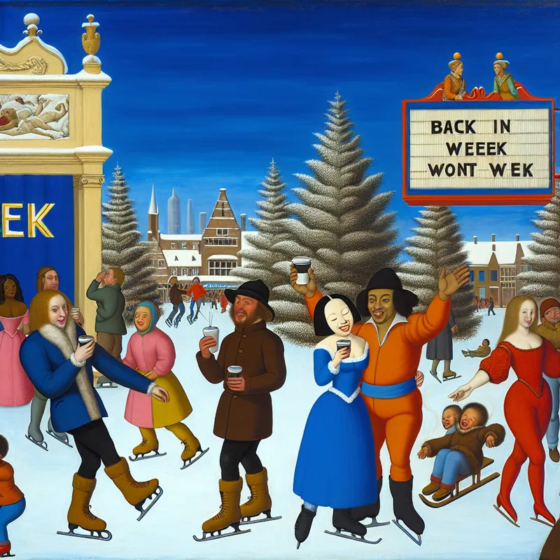 Een levendig winterlandschap met mensen die schaatsen en warme dranken genieten onder een blauwe lucht.