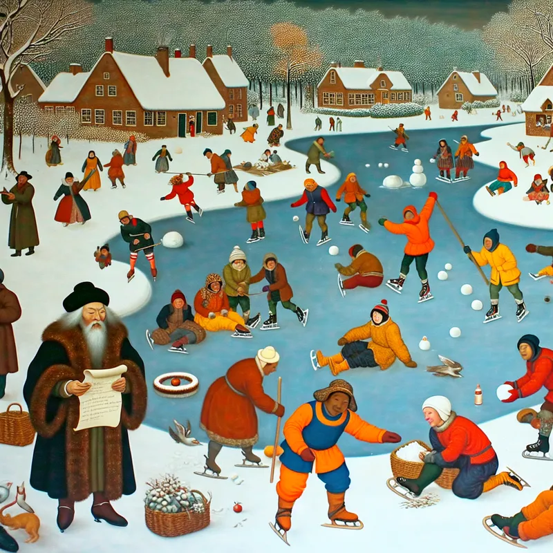 Een winterlandschap met een diverse groep mensen rondom een bevroren meer, met activiteiten zoals schaatsen en sneeuwballen gooien.