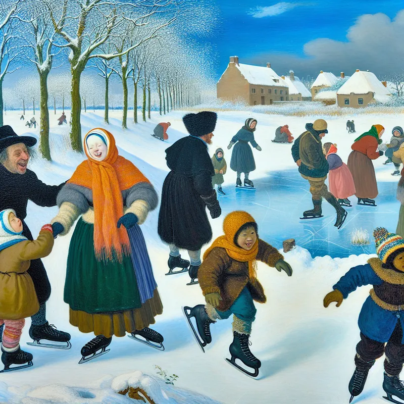 Een levendig winterlandschap met een gezin dat zich voorbereidt op de laatste schaats sessie. Kinderen spelen en lachen op de ijsvloer.