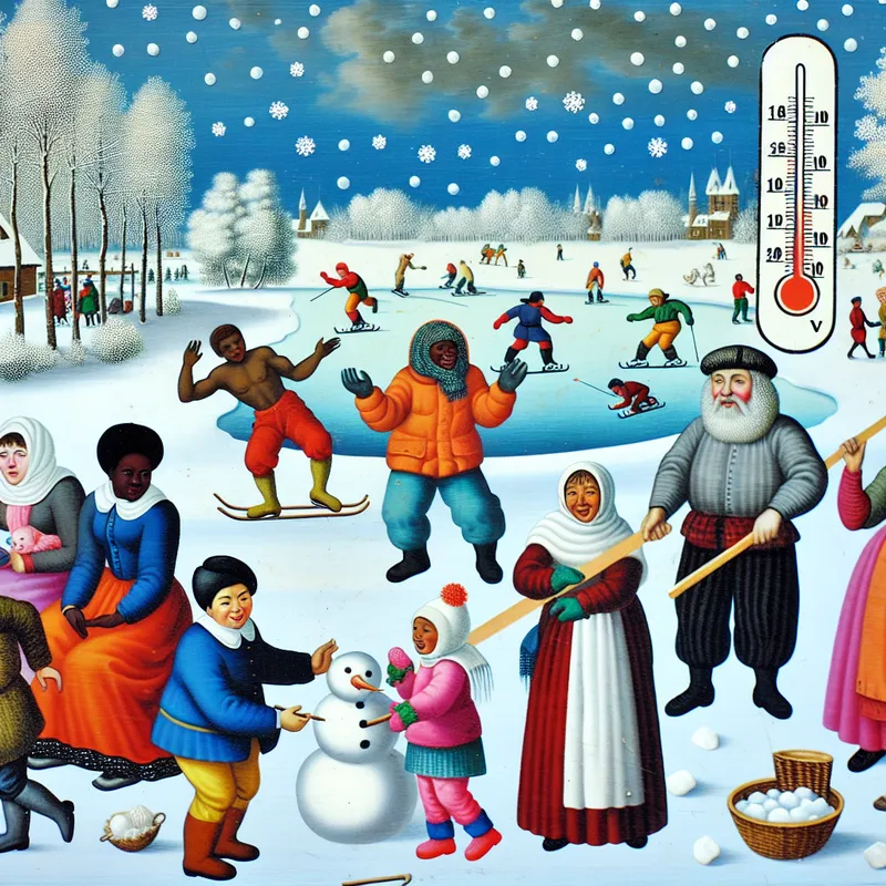 Vibrante winterlandschap met mensen die een sneeuwman bouwen en schaatsen op een bevroren meer, met een thermometer die onder de nul graden aangeeft.