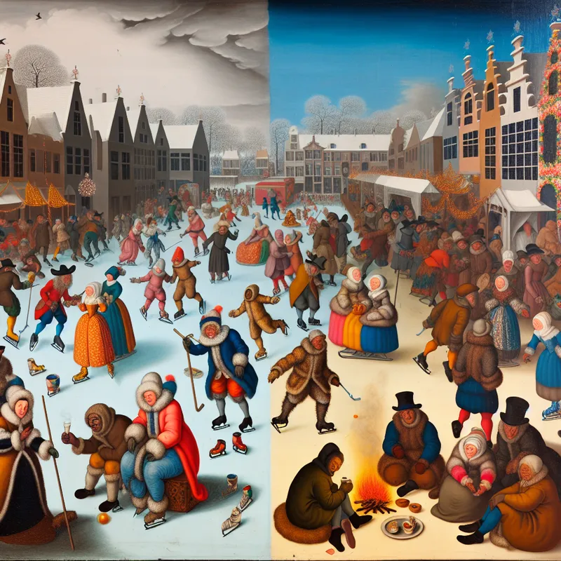 Winterlandschap met rijke mensen die schaatsen en arme gezinnen die zich warm proberen te houden