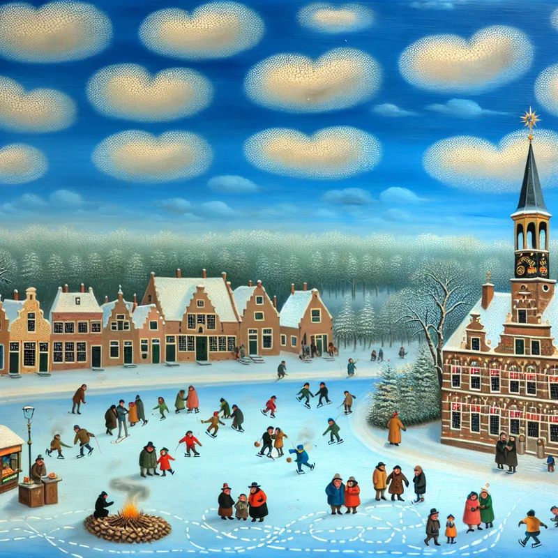 Sfeervol winterlandschap met een stadshuis in het midden, omringd door gezellige huizen en mensen rond een vuurkorf.