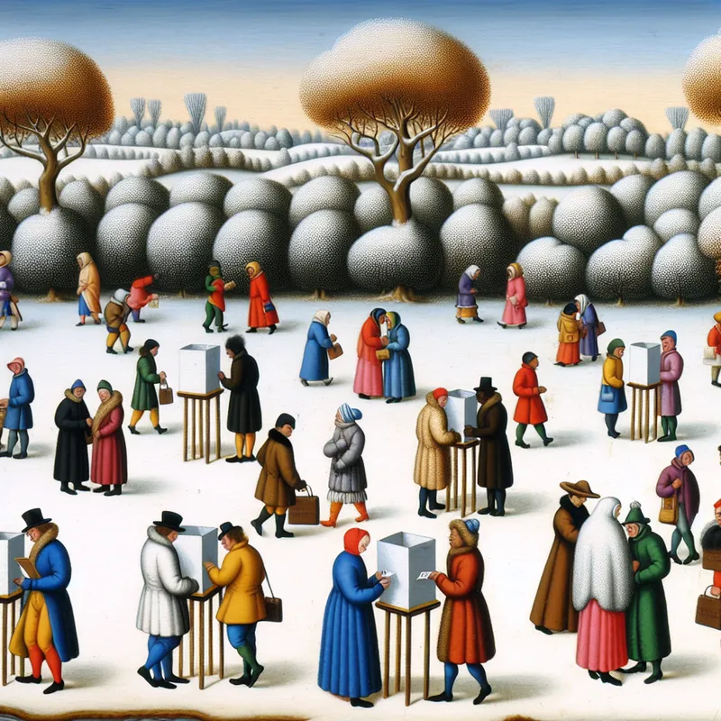 Landschap met studenten bij een stembureau in de winter, die enthousiast stemmen.