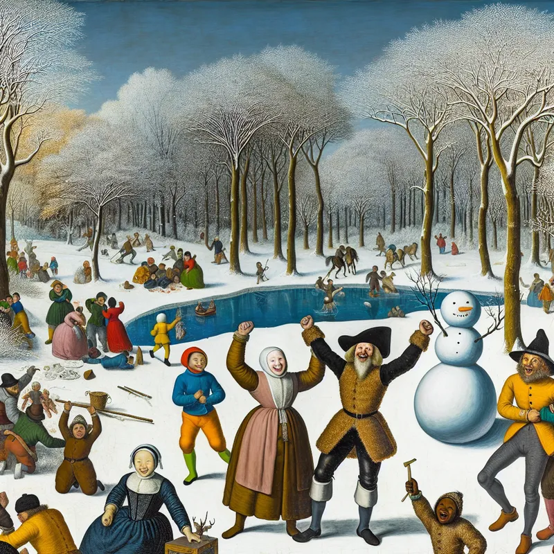 Groep mensen viert hun successen in een winterlandschap met sneeuwbedekte bomen en een bevroren meer.