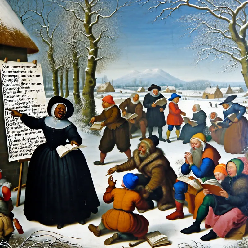 Een levendig winterlandschap met diverse mensen die studeren en converseren over vreemde talen, met een enthousiaste vrouw die kinderen lesgeeft.