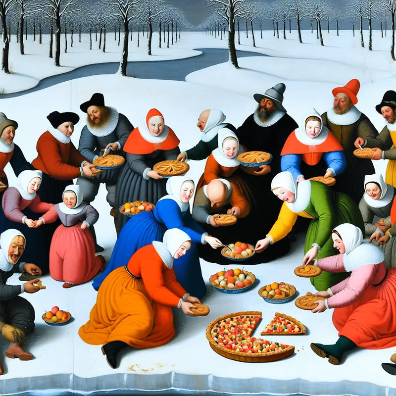 Een levendig winterlandschap met een groep mensen die enthousiast een grote taart in kleinere stukken snijden, gekleed in kleurrijke traditionele winterkleding, omgeven door sneeuwbedekte bomen.