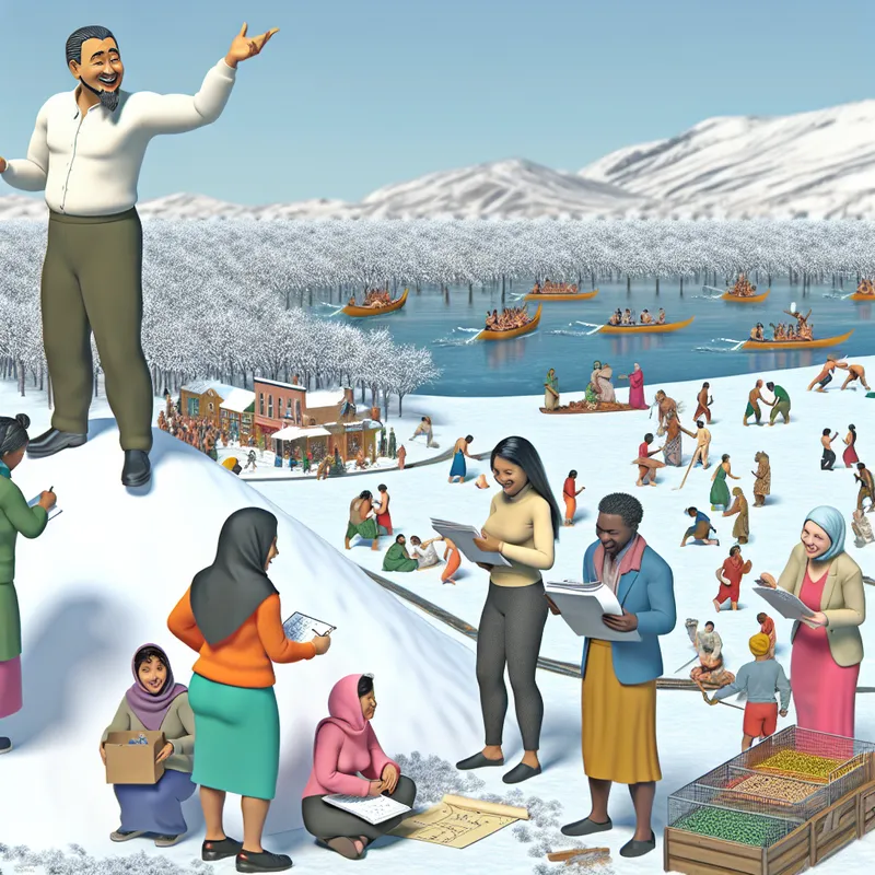 Een vrolijke manager wijst naar een groep teamleden in een sneeuwlandschap terwijl ze verschillende taken uitvoeren.