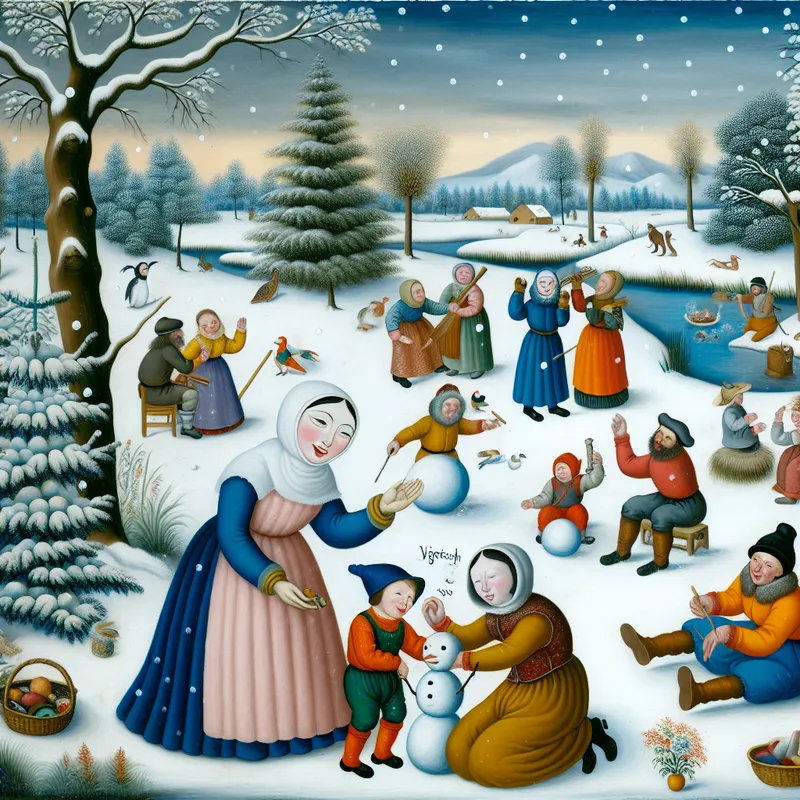 Een winterlandschap met diverse figuren die vreugdevolle activiteiten uitvoeren, waaronder een vrouw en een kind die samen een sneeuwpop maken.