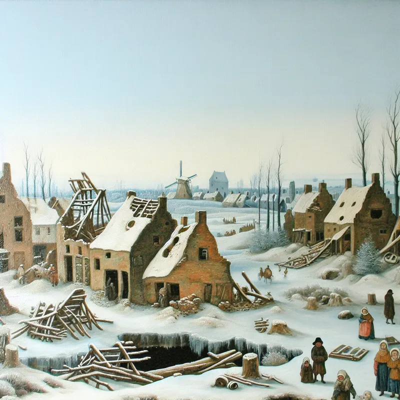 Een winterlandschap met vervallen gebouwen en melancholische dorpelingen in een sfeer van verval en vergetelheid.