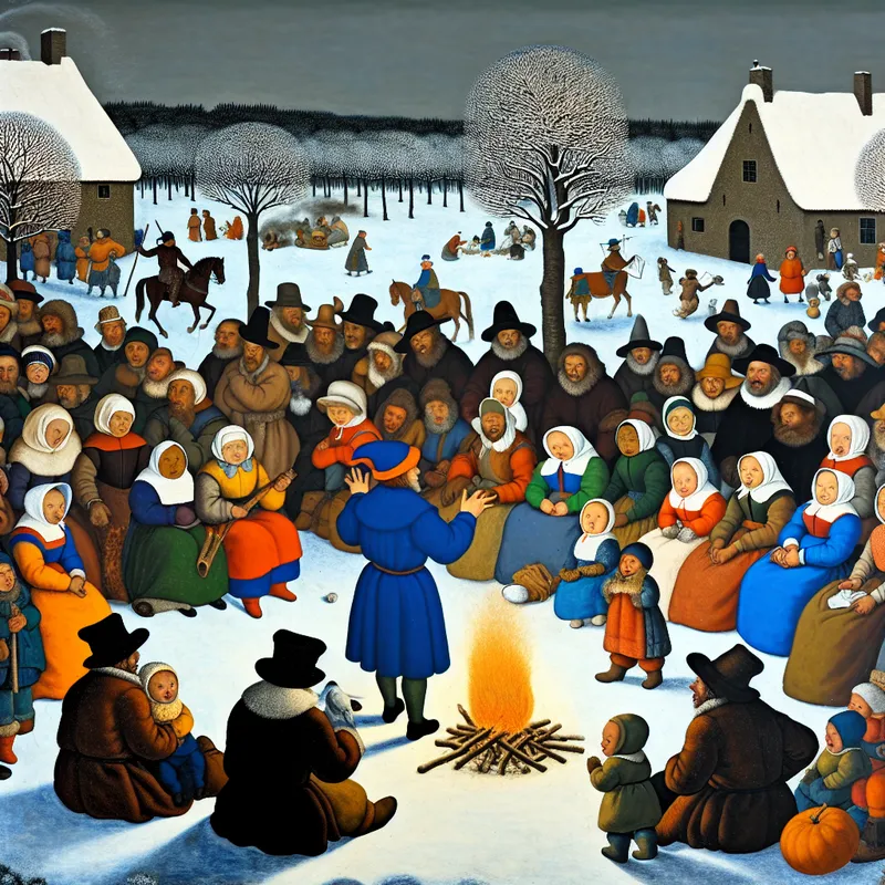 Winterlandschap met een groep mensen rond een vuurtje die aandachtig naar een verhalenverteller luisteren, met kinderen die sneeuwpoppen bouwen.