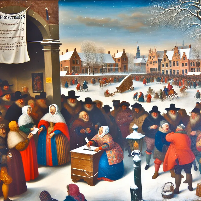 Vibrant winter landscape depicting a lively public square with people voting during an election, inspired by Hendrick Avercamp