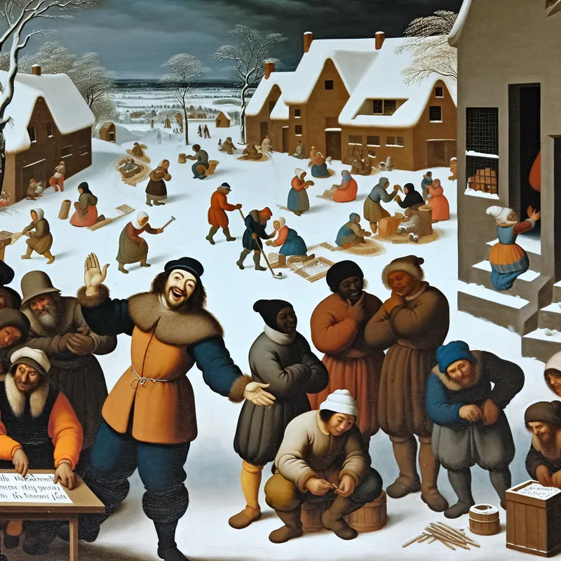 Een winterlandschap met een man die enthousiast een idee deelt met een groep mensen in een dorp, omgeven door sneeuw en traditionele gebouwen.