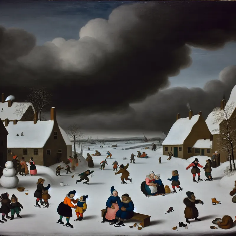 Winterlandschap met skaters en een treurige figuur op een bank