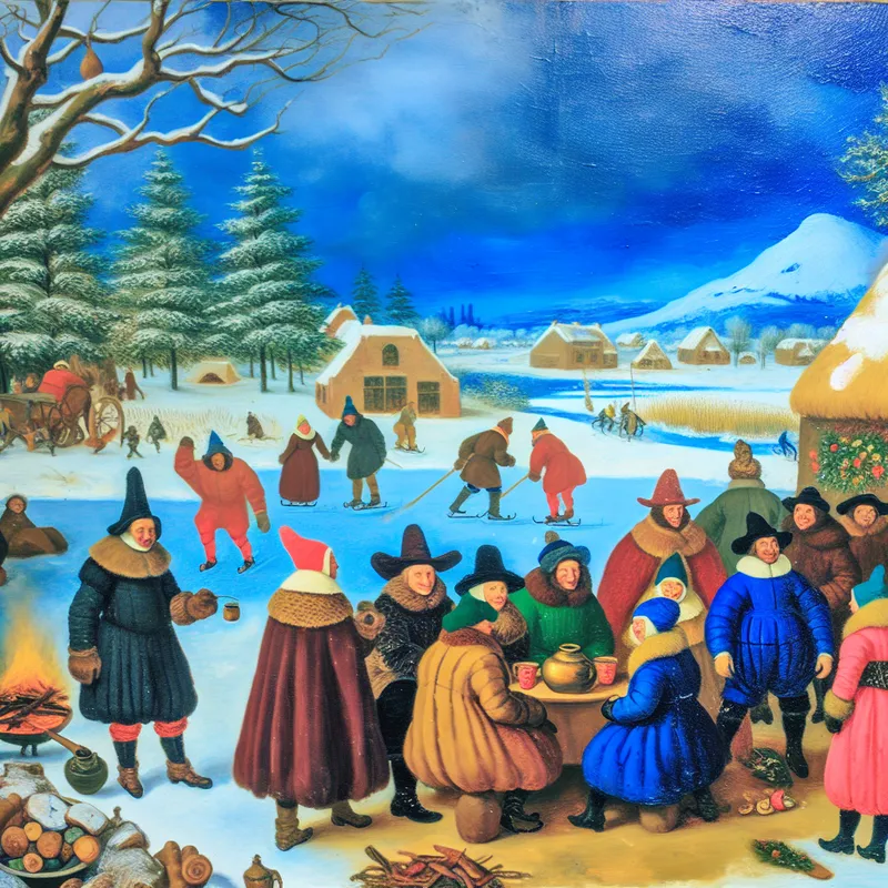 Winterlandschap met vrienden en familie die samen een feestje vieren in warme kleding, omringd door feestversieringen in een sneeuwlandschap.