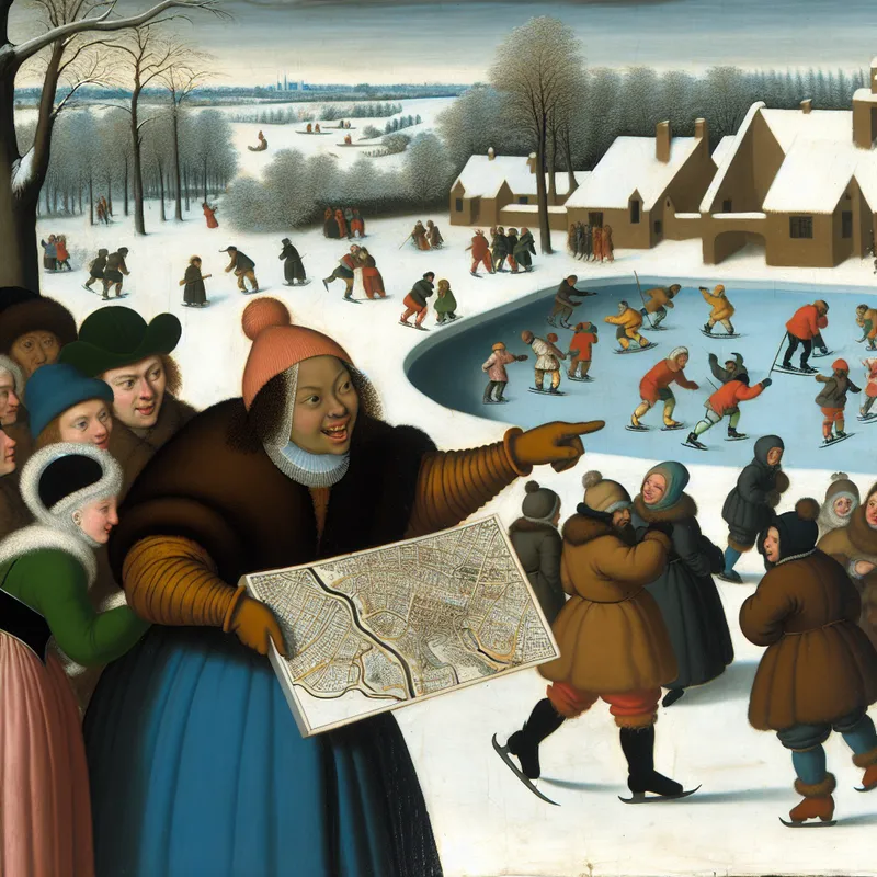 Een jonge vrouw wijst enthousiast naar een gedetailleerde kaart die door vrienden wordt vastgehouden in een sneeuwlandschap met skaters en spelende kinderen.