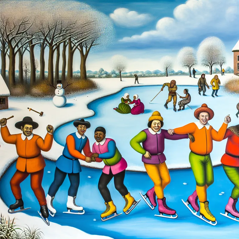 Een kleurrijk winterlandschap met vrienden die vrolijk schaatsen op een bevroren vijver, omringd door besneeuwde bomen. Kinderen bouwen een sneeuwpop en spelen een sneeuwballengevecht op de achtergrond.