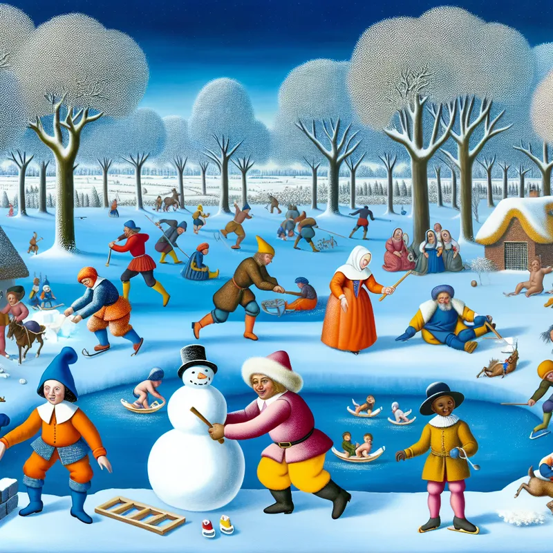 Een levendig winterlandschap met mensen die samenwerken, waaronder vrienden die een sneeuwpop maken.