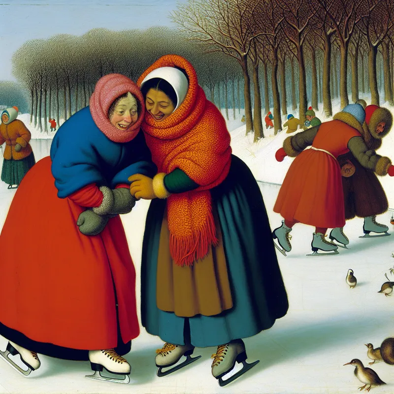 Twee vrouwen schaatsen op een bevroren vijver, omringd door sneeuw bedekte bomen, terwijl ze een vrolijk gesprek voeren.