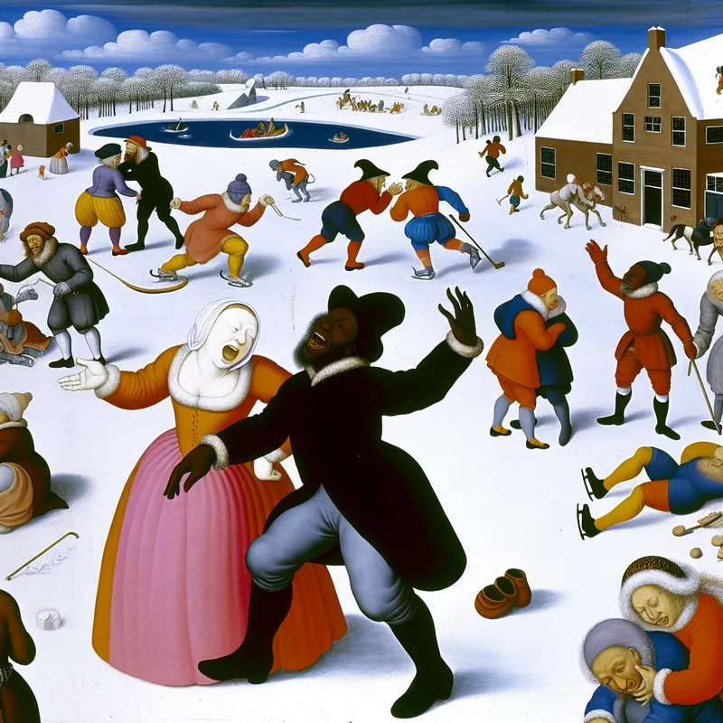 Een levendig winterlandschap met mensen die plezier hebben in de sneeuw, waarbij een persoon met opgeheven handen vrolijk spreekt met een vriend.