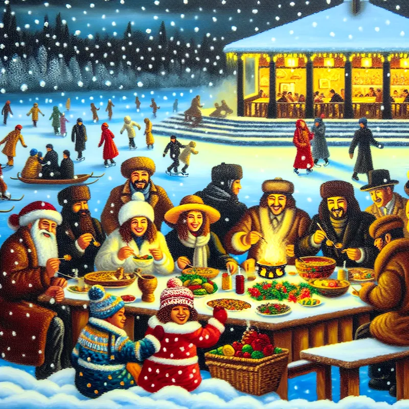 Een groep mensen die samen een wintermaaltijd geniet in een gezellige buitenomgeving, met een tafel vol lekkere gerechten en sneeuw die valt.