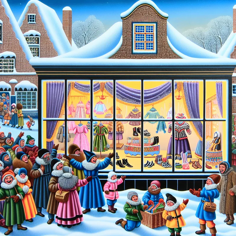 Vibrante wintermarkt scene met een winkelfront en een etalage vol kleurrijke kleding en accessoires.