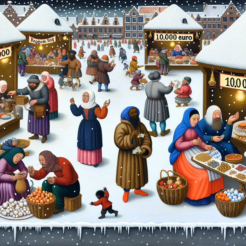 Drukke wintermarkt met mensen die handel drijven te midden van sneeuwbedekte kraampjes, met een poster die 100.000 euro aangeeft
