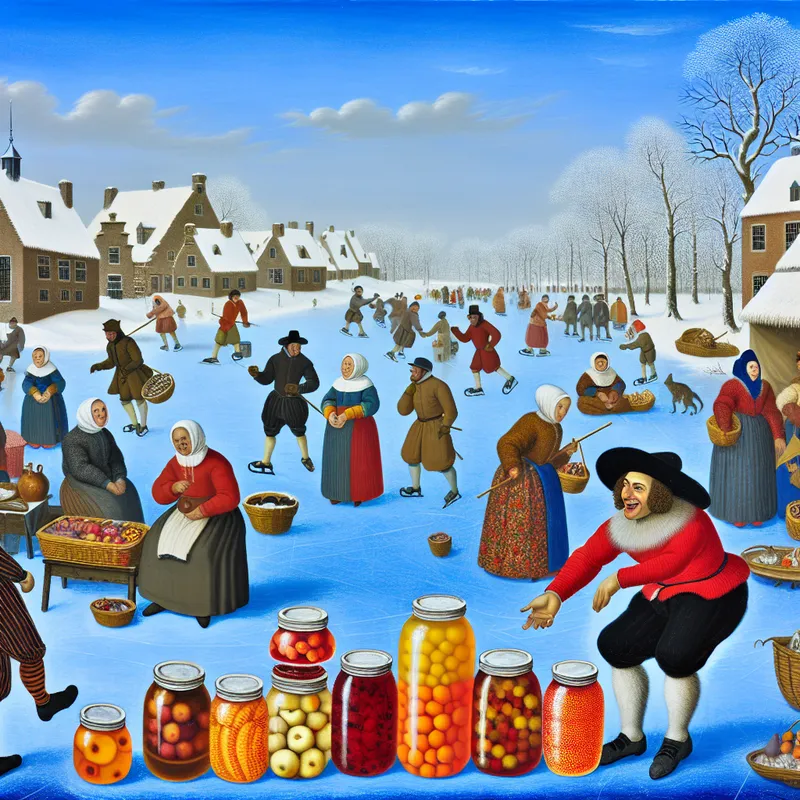 Een levendig winterse scène met een vrolijke verkoper die kleurrijke fruitconserven aanbiedt op een druk marktplein, met schaatsende figuren op de achtergrond.