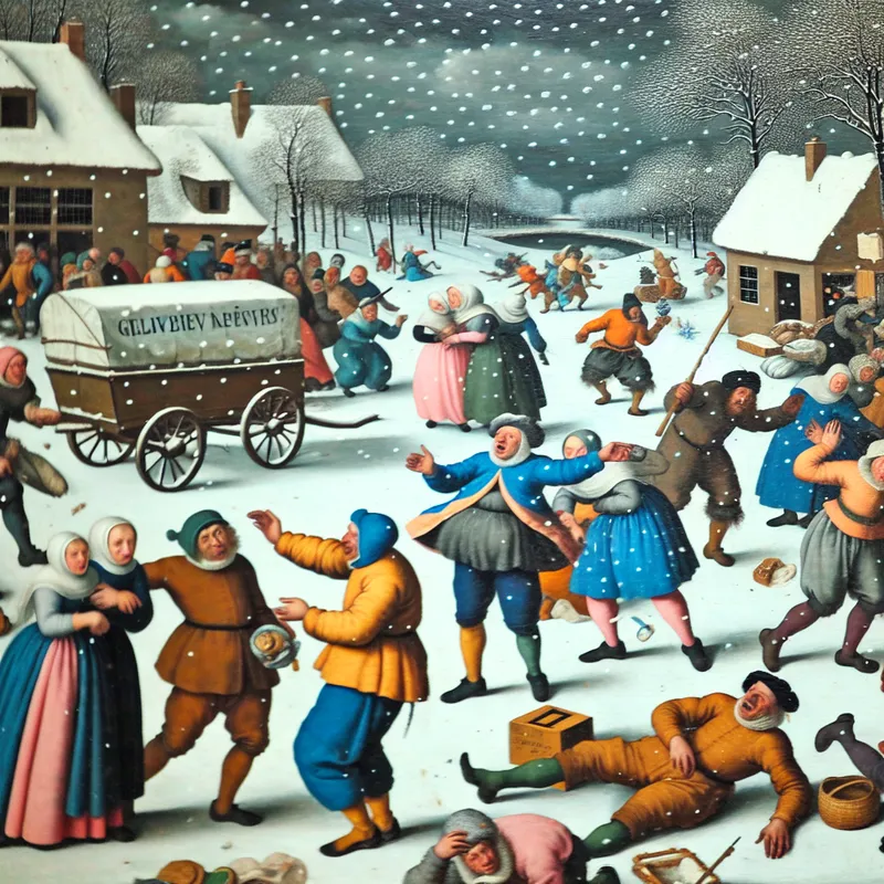 Een levendig winterlandschap met een drukke markt, waar mensen gefrustreerd discussiëren terwijl een bezorgkar vastzit in de sneeuw.