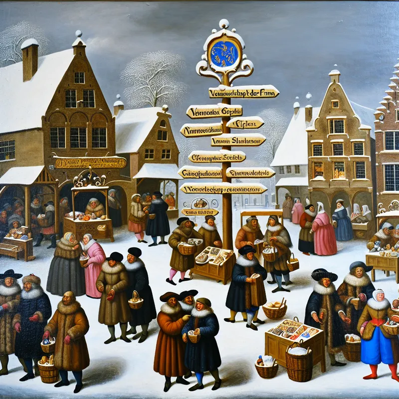 Een levendige wintermarkt met handelaars en een bord dat verschillende rechtsvormen toont.