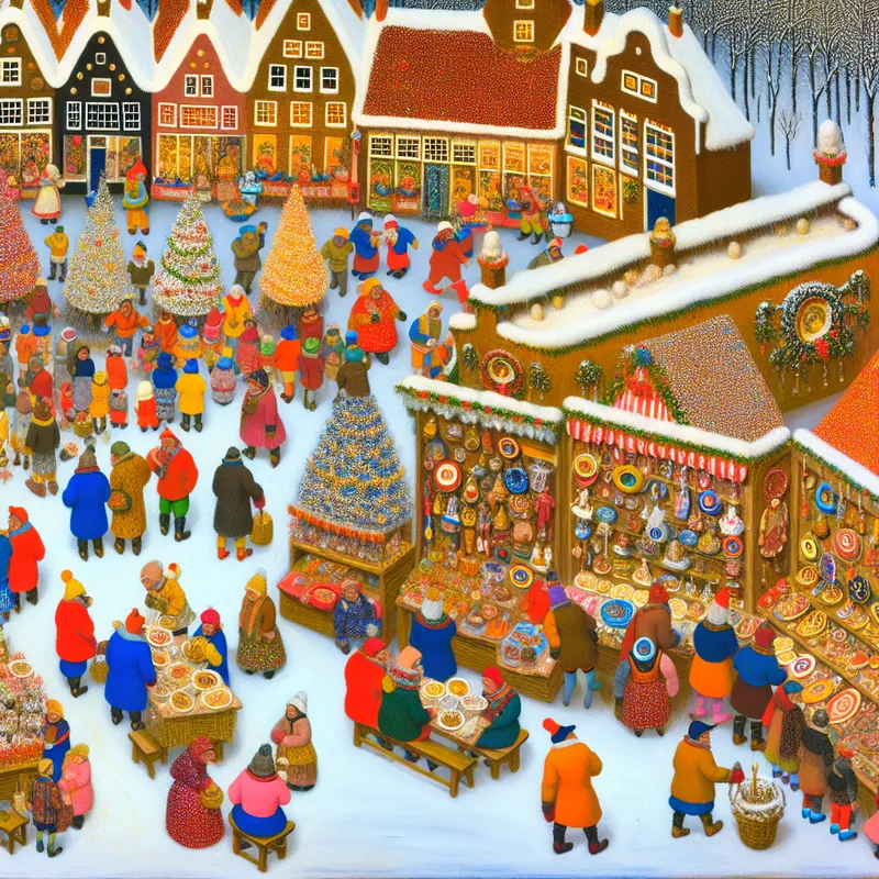 Een levendig winterscenario met een feestelijke markt vol kitschdecoraties en mensen die genieten van de kerststemming.