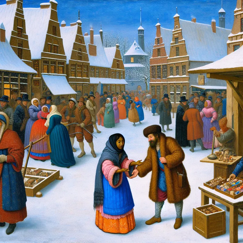 Een levendig winterlandschap met mensen in een drukke markt, waarbij een vrouw een gebroken product toont aan een marktmanager.