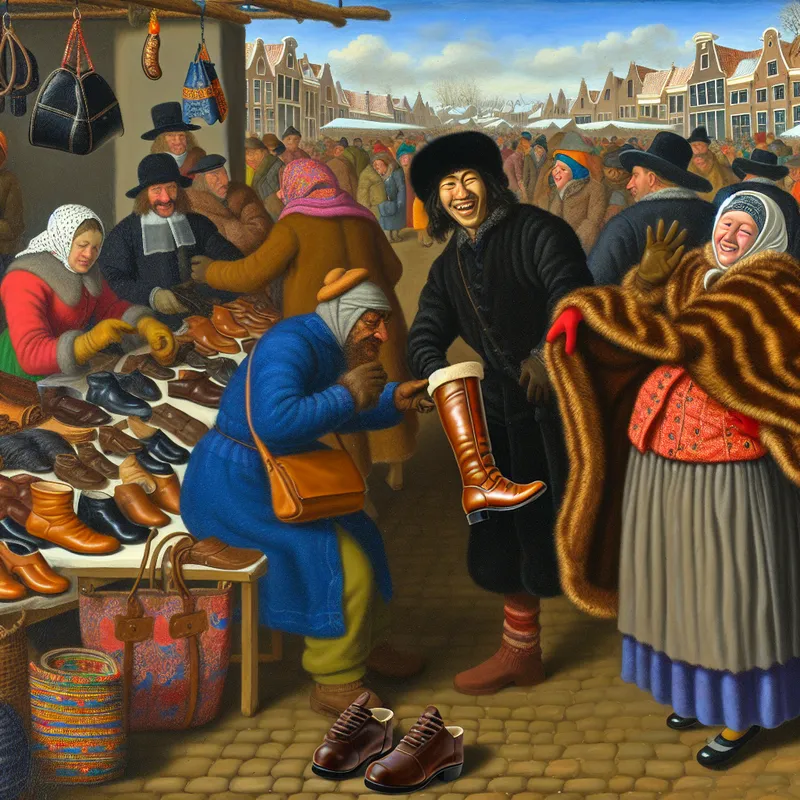 Een levendige wintermarkt in Nederland met shoppers in warme kleding die stijlvolle leren laarzen kopen.