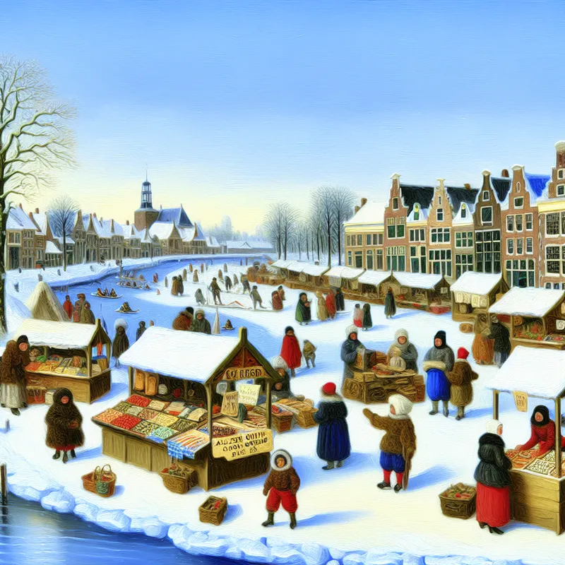 Een levendige wintermarkt in Nederland met kraampjes en schaatsers, waaronder een bord met 'Alleen geldig voor deze maand'.