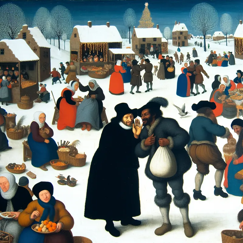 Een winterse marktscène met mensen die schimmige deals sluiten en goederen uitwisselen in een levendige omgeving.