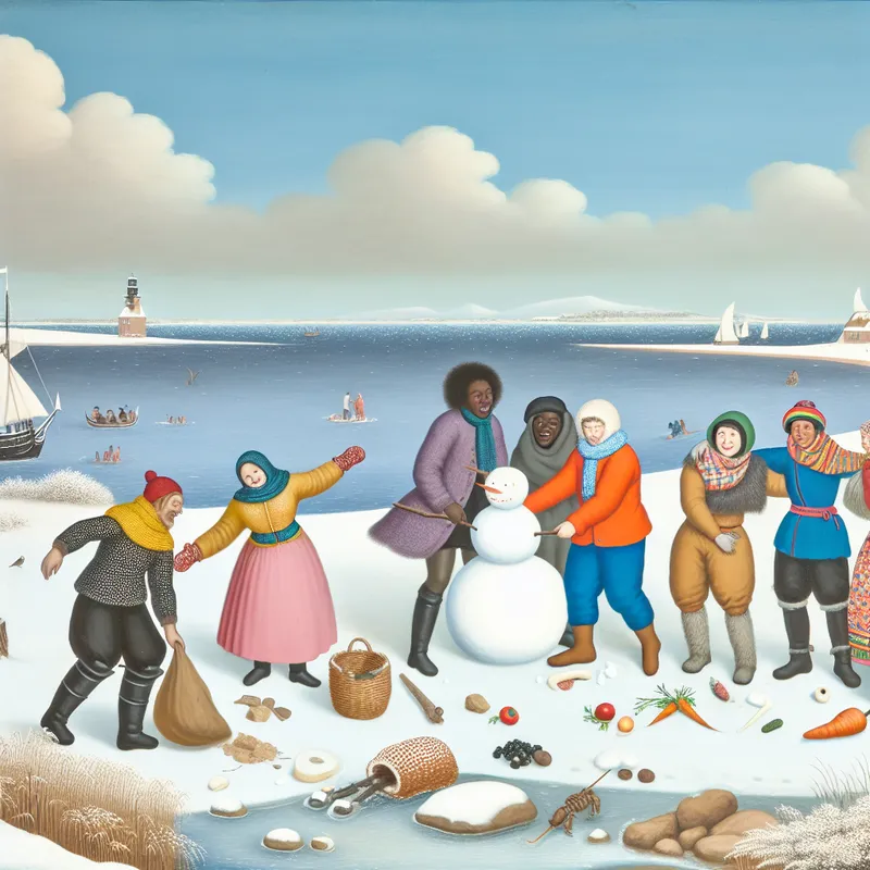 Een groep vrienden maakt een sneeuwpop op een sneeuwstrand tijdens hun winteruitje.