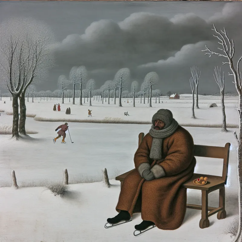 Een persoon op een bank in een winters landschap in Avercamp-stijl, kijken naar een sombere lucht.