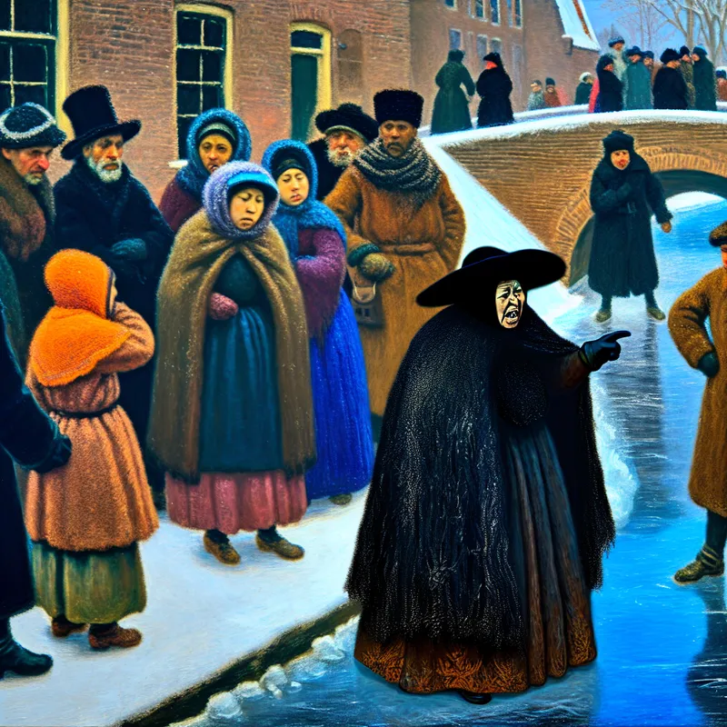 Gedetailleerde wintertafereel in de stijl van Hendrick Avercamp met een groep mensen rond een boze oudere vrouw die beschuldigend naar een kind wijst, terwijl omstanders geschokt reageren