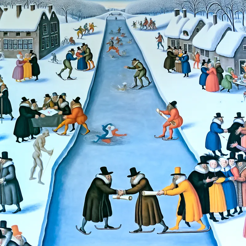 Twee groepen mensen schudden handen op een bevroren kanaal in een winterdorp, symboliserend een juridische overeenkomst of schikking na onderhandelingen