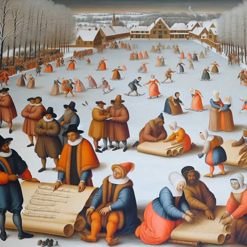 Groep mensen in Nederlandse klederdracht, kinderen herschrijven zinnen voor een evenementenplanning, volwassenen wijzen naar een sneeuwbedekt kalendertijd.