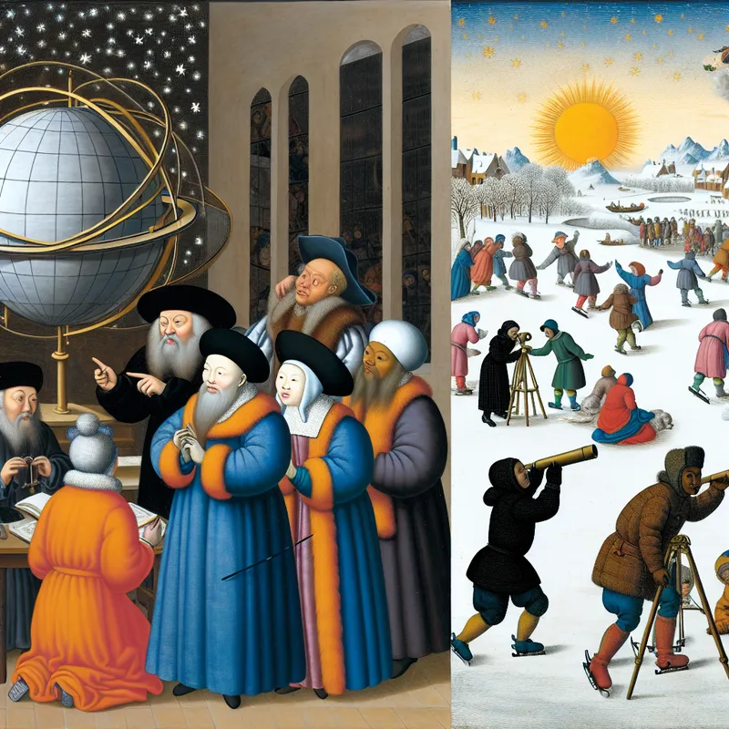 Groep wetenschappers en astronomen rond een grote sterrenbol in een winterlandschap, met kinderen die naar de sterren kijken.