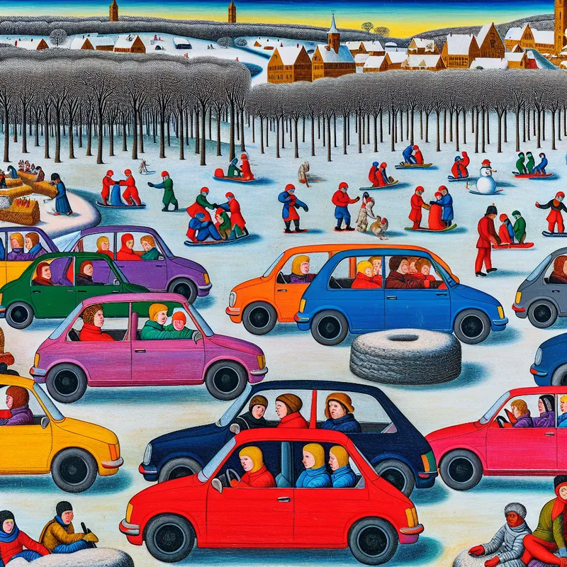 Een diverse groep studenten leert autorijden in een sneeuwlandschap met bomen en een dorp op de achtergrond.