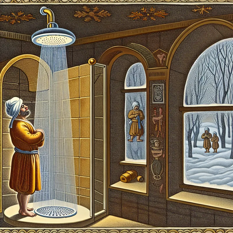 Gezellige winterse badkamer met historische figuren onder een moderne regendouche, in de stijl van Hendrick Avercamp