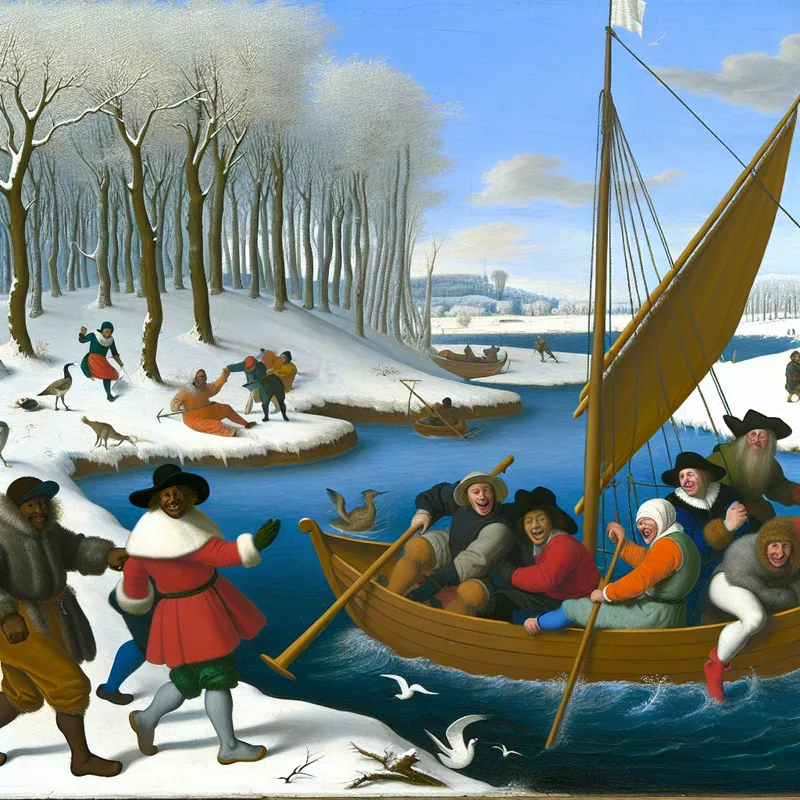 Een winterse scène met vrienden in een kleurrijke boot op een bevroren rivier, omringd door sneeuwbedekte bomen.