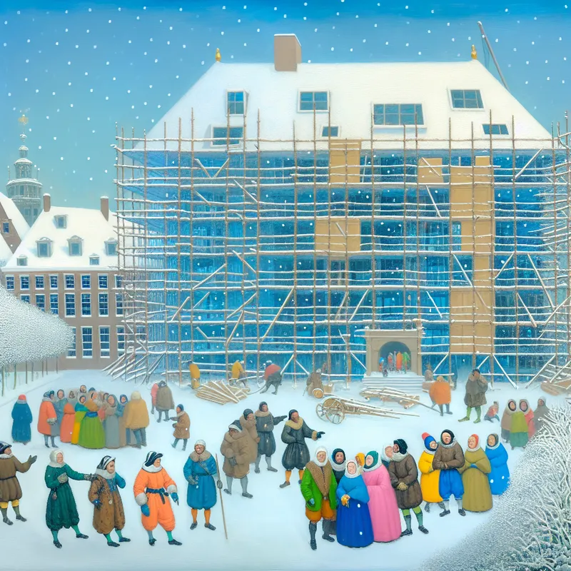 Een levendig winterlandschap met een nieuw gebouw in aanbouw, omringd door mensen in winterkleding die het architectonische ontwerp bewonderen.