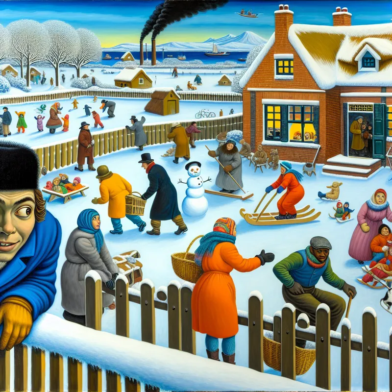 Een nieuwsgierige buurman kijkt over een besneeuwde omheining, omringd door mensen die spelen in de winterse omgeving.