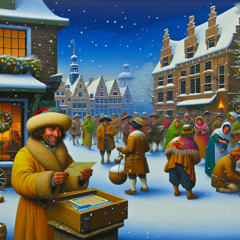 Lentebode man met lot in levendige winterse dorpsplein, spelende mensen en traditionele Nederlandse architectuur